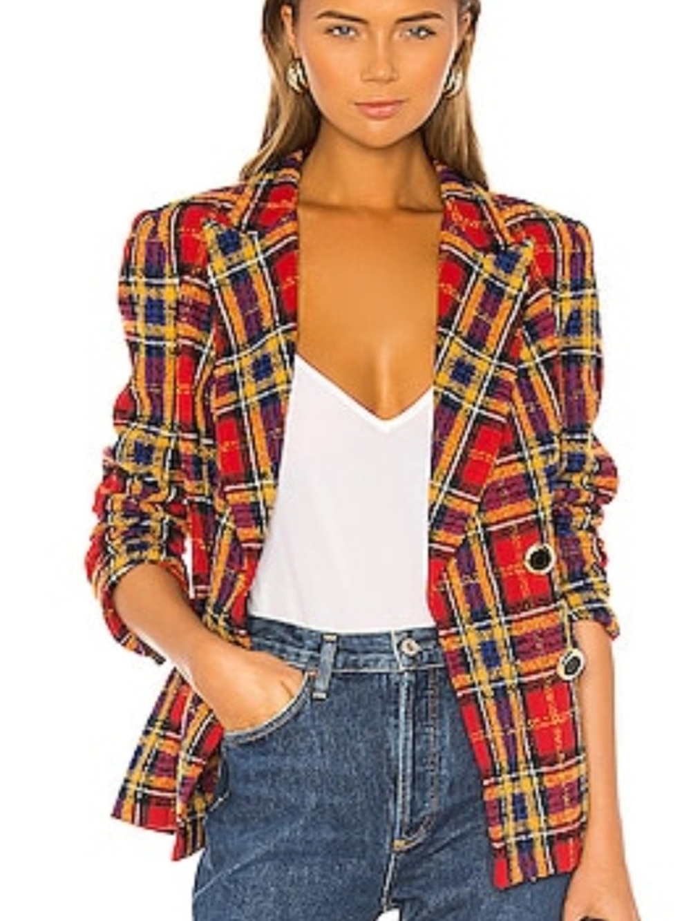 Amanda Uprichard Red Plaid Blazer with Yellow & Blue Accents